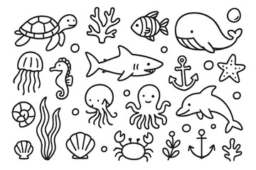 Marine Life Doodles. Hand-drawn doodle illustration Marine ecosystem turtle, coral, fish, whale, shark, crab, jellyfish, seahorse, shell, seaweed, octopus,