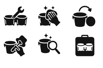 Bongo Maintenance Icons. Solid, filled icon set of bongo maintenance: tuning, cleaning, head replacement, lug tightening, shell polishing, hardware check,