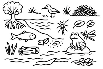 River Ecosystem Doodles. Hand-drawn doodle illustration [river ecosystem] [fish, algae, tree roots, water insect, river rock, leaf, sediment, frog, current