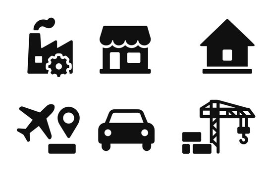 Recession Impact Icons. Solid, filled icon set of recession sectors impacted: manufacturing, retail, banking, real estate, tourism, automotive, hospitality,