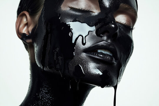 Closeup portrait of a face coated in glossy black liquid, dramatic drips and textured sheen create bold contrast and a moody, enigmatic atmosphere.