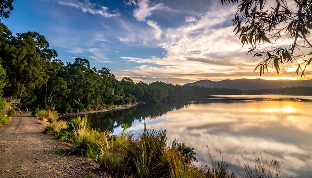 Lakeside sunset over tranquil waters - Powered by Adobe