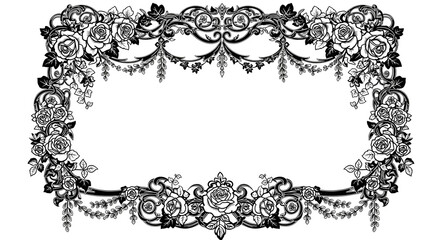 Elegant black and white floral frame design with roses and swirling vines for invitations and borders