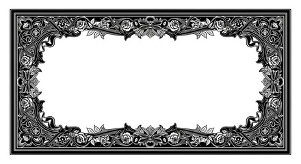 Elegant vintage floral border design with roses and ornate swirls for classic invitations or certificates