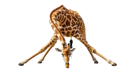 Giraffe drinking water head down isolated on white background animal wildlife.