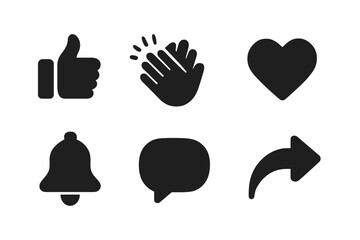 Black Applause Icons. Solid, filled icon set of applause digital icons: like button, clapping emoji, thumbs up emoji, star rating, heart icon, notification