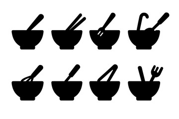 Bowl and Utensils Icons. Solid, filled icon set of bowl with utensils: bowl with spoon, bowl with chopsticks, bowl with fork, bowl with ladle, bowl with whisk,