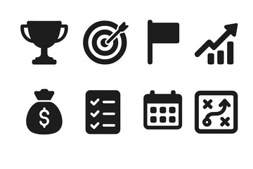 Net Worth Icons. Solid, filled icon set of net worth goals: trophy, target, flag, growth arrow, money bag, checklist, calendar, strategy plan. [Solid, filled