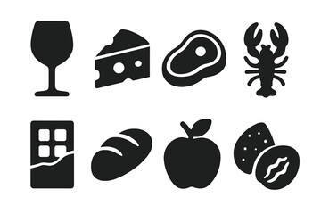 Wine and Food Icons. Solid, filled icon set of wine and food pairing: wine glass, cheese, steak, seafood, chocolate, bread, fruit, nuts. Solid, filled icons in