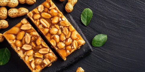 Two peanut brittle bars with whole peanuts and green leaves on a dark textured surface