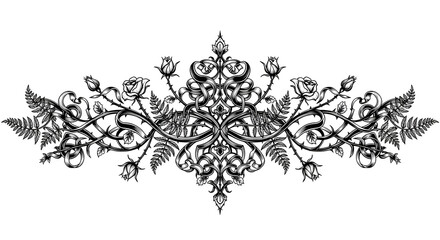 Elegant black and white rose and fern border design evokes vintage charm and natural beauty © Ahsan