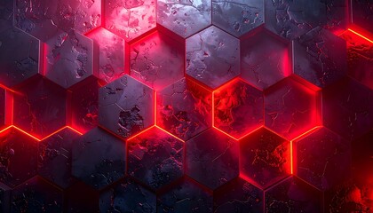 Abstract hexagon wall with glowing red light