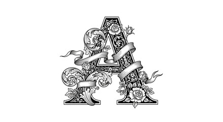 Elegant vintage letter A ornate with roses and decorative ribbons for classic design projects