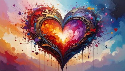 Abstract heart, vibrant colors, dripping paint