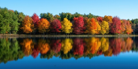 Vibrant autumn trees display brilliant red orange and yellow foliage reflected in a calm blue lake