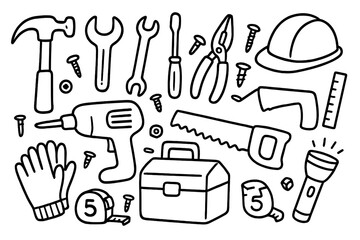 Obraz premium Handyman Tool Doodles. Hand-drawn doodle illustration handyman tools hammer, wrench, screwdriver, pliers, drill, nails, screws, bolts, saw, toolbox, tape