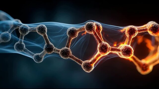 A molecule with a red and orange substance representing the complexity of carbon exchange in digital systems. Molecular Carbon Exchange Network &ndash; Animated Video Version