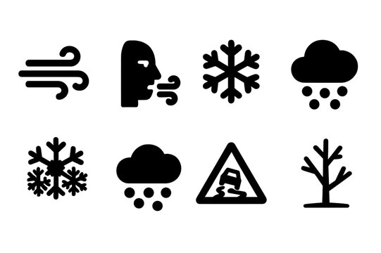 Windburn Weather Icons. Solid, filled icon set of windburn weather conditions: strong wind, cold air, snow, hail, frost, cloudy sky, icy road, bare trees. Line