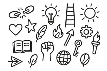 Fototapeta premium Personal Growth Icons. Hand-drawn doodle illustration Personal growth broken chain links, light bulb, ladder, sun, heart, star, feather, book, arrow, gear,