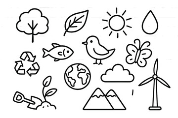 Sustainable Ecosystem Icons. Hand-drawn doodle illustration ecosystem sustainability tree, leaf, sun, water droplet, fish, bird, flower, butterfly, recycling
