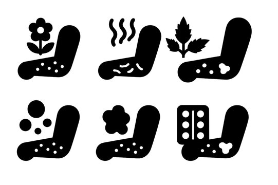 Rash Causes Icons. Solid, filled icon set of rash causes: allergy, heat rash, poison ivy, infection, eczema, insect bite, medication reaction, dermatitis.