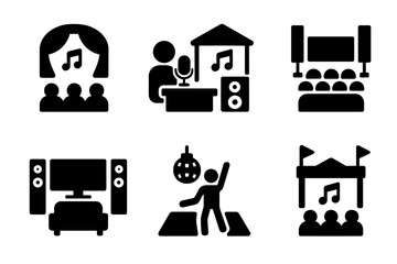 Sound Environments Icons. Solid, filled icon set of sound environments: concert hall, recording studio, open air, auditorium, home theater, club, radio