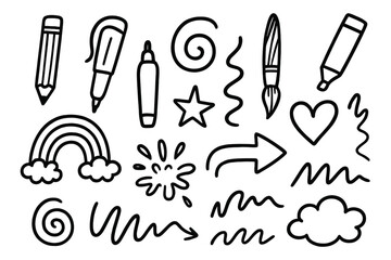 Creative Doodle Icons. Hand-drawn doodle illustration Creative doodles pencil, pen, brush, marker, spiral, swirl, abstract shape, star, heart, rainbow, splash,