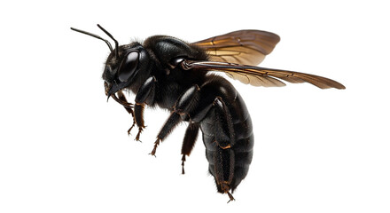 Carpenter bee flying with wings spread isolated on white background close up.