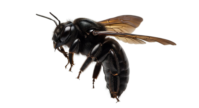 Carpenter bee flying with wings spread isolated on white background close up.