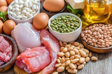 Assorted protein sources including raw meat poultry eggs and various types of beans on a wooden surface