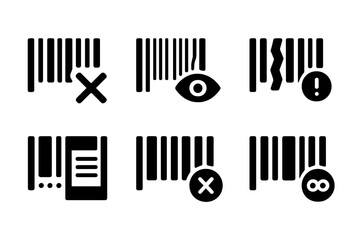 Obraz premium Barcode Error Icons. Solid, filled icon set of barcode errors: scan failure, unreadable code, damaged label, misprint, missing data, wrong format, invalid
