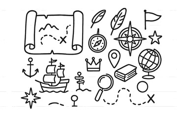 Antique Navigation Doodle. Hand-drawn doodle illustration Historical map scroll map, feather pen, compass, dotted path, ship, anchor, star, crown, location