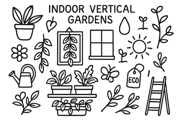 Indoor Garden Doodles. Hand-drawn doodle illustration Indoor vertical gardens [potted plant, leaf, vine, wall frame, droplet, window, sprout, flower, sun,