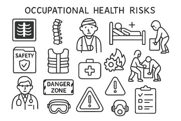 Fototapeta premium Occupational Safety Icons. Hand-drawn doodle illustration [Occupational health risks] [x-ray icon, spine, injured worker, hospital bed, safety file, back