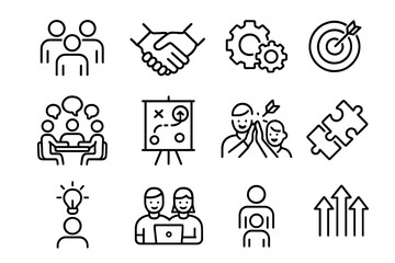 Fototapeta premium Teamwork Icon Set. Teamwork in motion. Line icon set of teamwork in motion: people collaborating, handshake, gears interlocking, group discussion, project