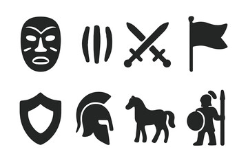 Historical War Icons. Solid, filled icon set of war drum historical symbols: tribal mask, war paint, crossed swords, battle flag, shield emblem, helmet plume,