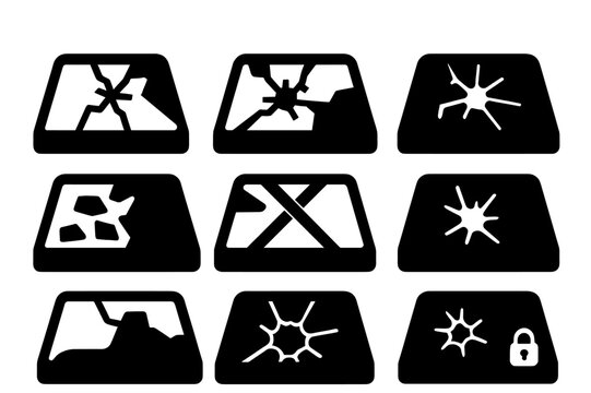 Broken Car Window Icons. Solid, filled icon set of broken car window: cracked glass, shattered pane, spider crack, missing shards, bent frame, taped glass,