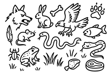 Predator-Prey Doodle Icons. Hand-drawn doodle illustration Predator-prey wolf, rabbit, eagle, fish, mouse, snake, frog, insect, paw print, claw, feather, bone,