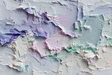Naklejka premium A close-up view of textured impasto paint strokes in pastel shades of purple, pink, blue, and green, creating a serene and ethereal abstract art piece.