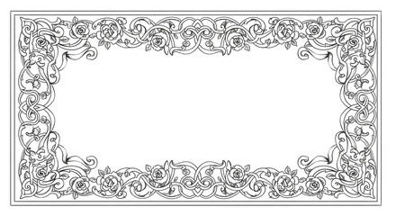 Elegant floral ornamental frame design with delicate roses and swirling vines, perfect for invitations and certificates