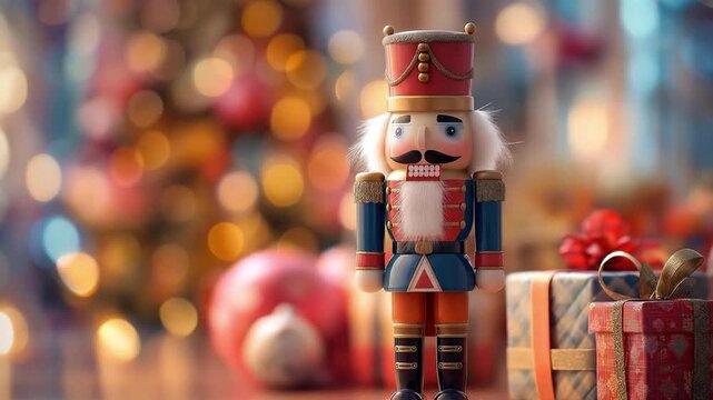 gifts background with Christmas Christmas and cheerful bright colorful , with mood, cartoon lights tree, photo-realistic nutcracker, and colors, effect resolution, bokeh high effects, warm  10149017 1
