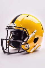 Fototapeta premium A yellow and black American football helmet with a protective face mask sits on a white surface