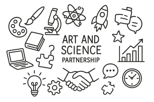 Art Meets Science Icons. Hand-drawn doodle illustration Art and science partnership paintbrush, palette, microscope, atom, rocket, book, laptop, puzzle piece,
