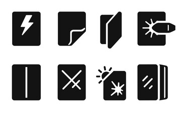 Glass Safety Icon Set. Solid, filled icon set of glass safety features: tempered glass, safety film, laminated glass, bulletproof glass, privacy glass,