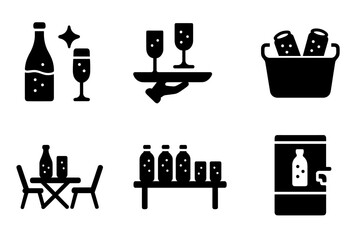 Sparkling Water Icons. Solid, filled icon set of sparkling water at events: champagne alternative, refreshment tray, glass pyramid, cooler full of cans, casual