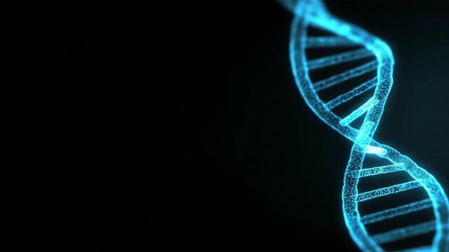 glowing blue 3D DNA helix on the left side of the image, black background, minimal and futuristic design, soft neon lighting, high contrast, medical biotech theme, empty space on the right for text