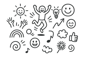 Joyful Energy Doodle. Hand-drawn doodle illustration Joyful Energy jumping person, sunshine, motion line, lightbulb with face, happy emoji, rainbow arch,