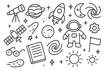 Obraz premium Space Exploration Doodle. Hand-drawn doodle illustration deep space exploration telescope, rocket, planet, moon, star, satellite, comet, astronaut, galaxy