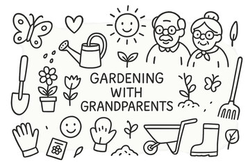 Gardening with Grandparents. Hand-drawn doodle illustration [gardening with grandparents] [shovel, watering can, flower pot, seed packet, glove, sun, heart,