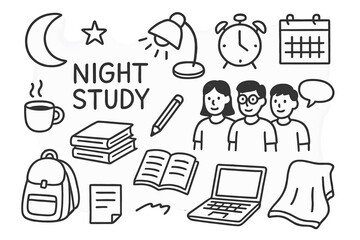 Night Study Doodles. Hand-drawn doodle illustration night study session moon, star, lamp, coffee cup, books, notebook, pencil, clock, group of